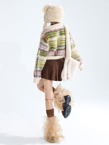 mit Cardigan Mohair Verschluss Vintage Gestreift Reißverschluss High Neck Crop Grün