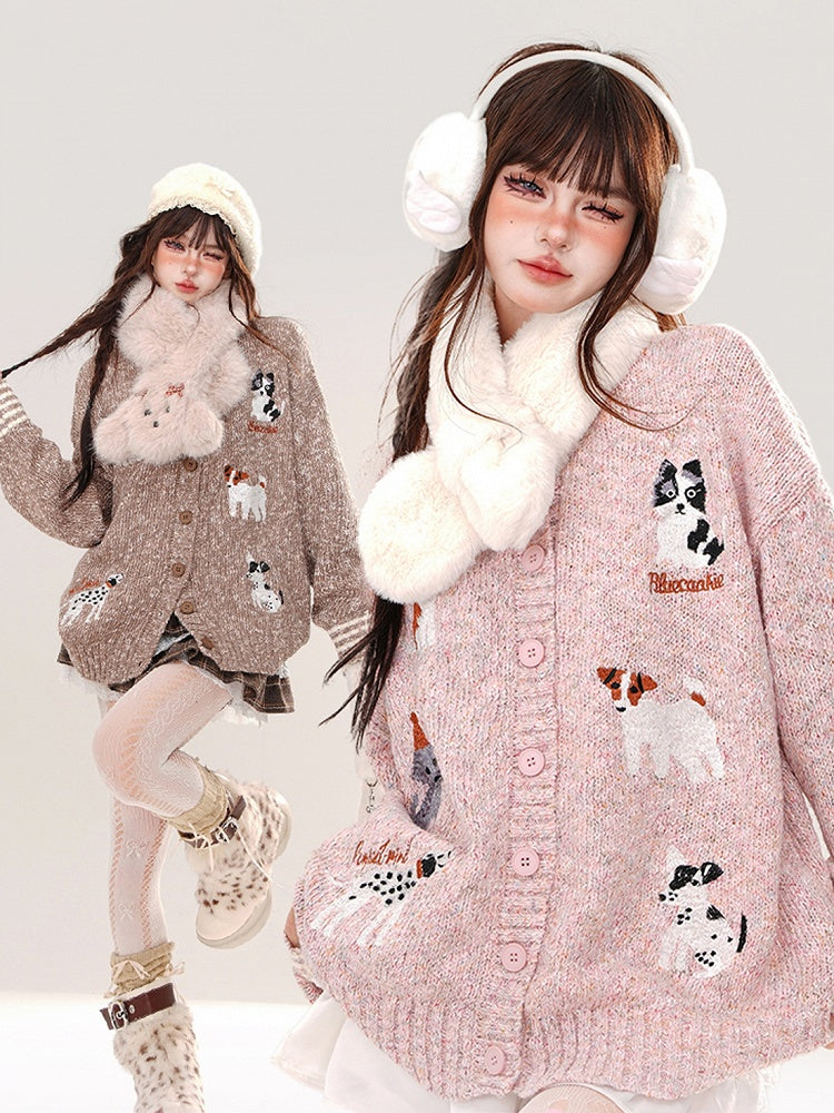 Pink and Coffee Cute Puppies Round Neck Loose Cardigan