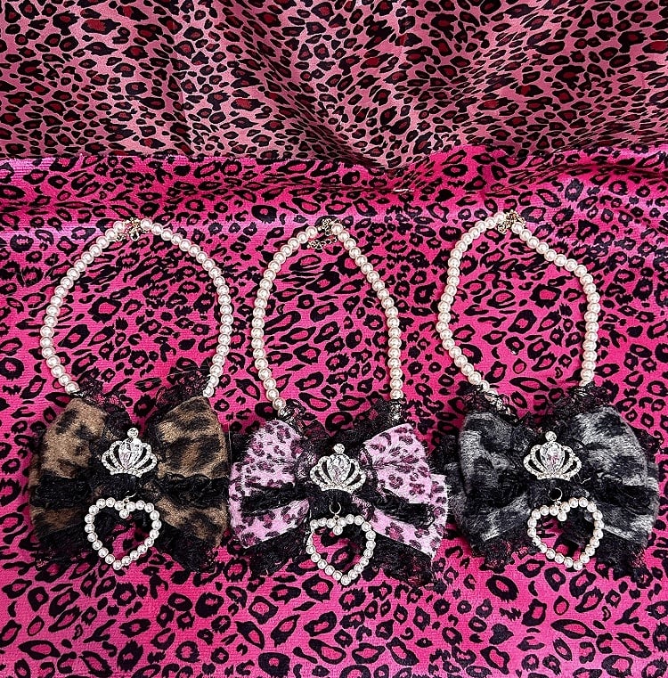 Decorations Colors Leopard 3 Print Heart Bow Gyaru Crown Beaded with Necklace