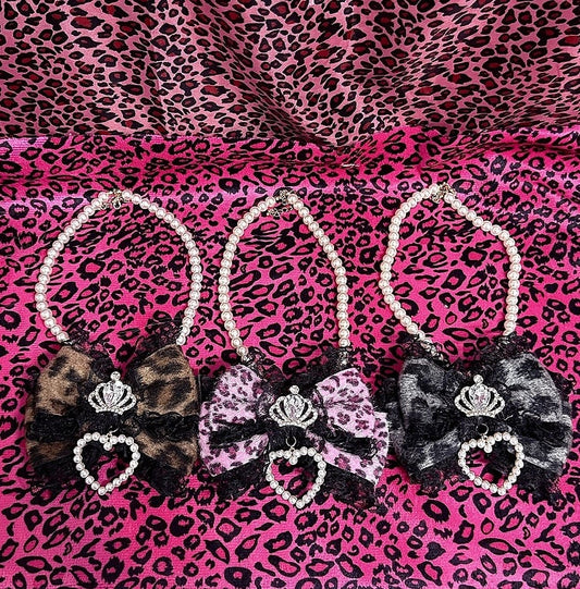 Decorations Colors Leopard 3 Print Heart Bow Gyaru Crown Beaded with Necklace