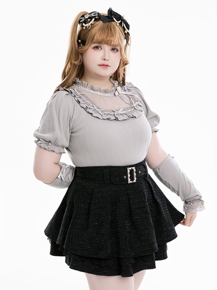 Jirai Kei Gray Blouse with Bowknot and Bead Decor, Illusion Neckline, Free Armwear - Fluffy Heart