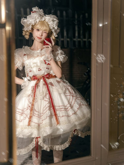 Bowknots Scalloped Red White Edge and Dress Cherry Lolita Embroidered with Overlay Trim Hime