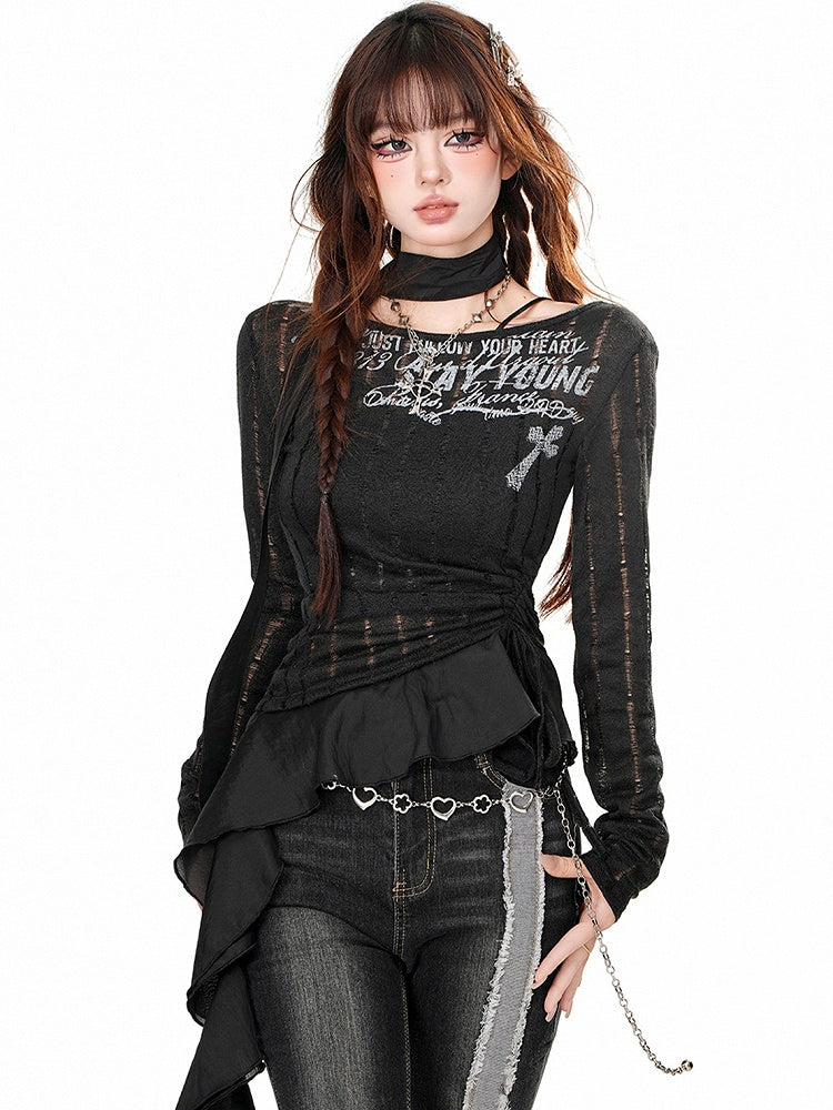 Black/Apricot Drawstring Waist Slim Fit Top with Asymmetrical Ruffle Hem