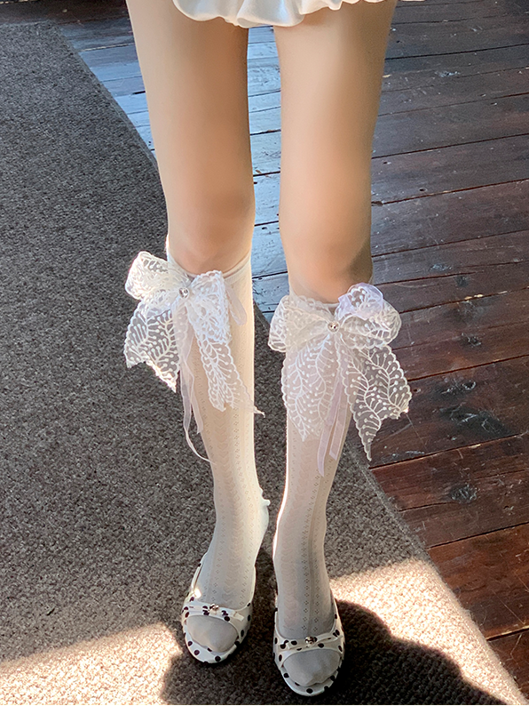 Lace White/Pink/Yellow/Blue Charm With Bowknot Socks Rhinestone
