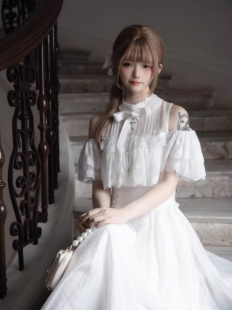 White/Black Cutout Shoulder Jirai Kei Cross Lace Dress - Tan Tuan