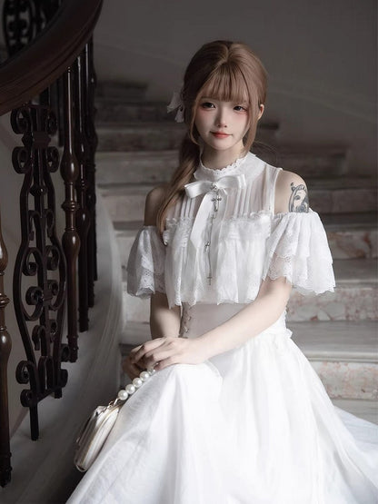 White/Black Cutout Shoulder Jirai Kei Cross Lace Dress - Tan Tuan