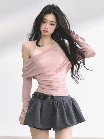 Pink/Khaki Asymmetrical Neckline Top Faux Two-pieces