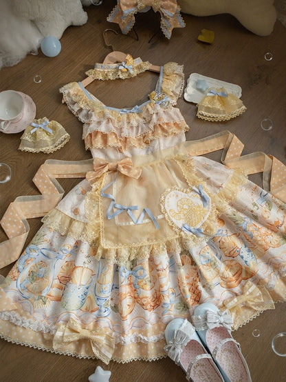 Yellow & Blue Polka Dot Fruit Print Lolita JSK Dress with Lace Details - Badoni B DOLLY Original Design