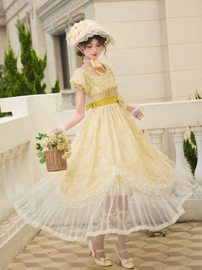 Butterfly Print Light Yellow Off-Shoulder Lolita OP Dress with Detachable Shoulder Straps - With PUJI