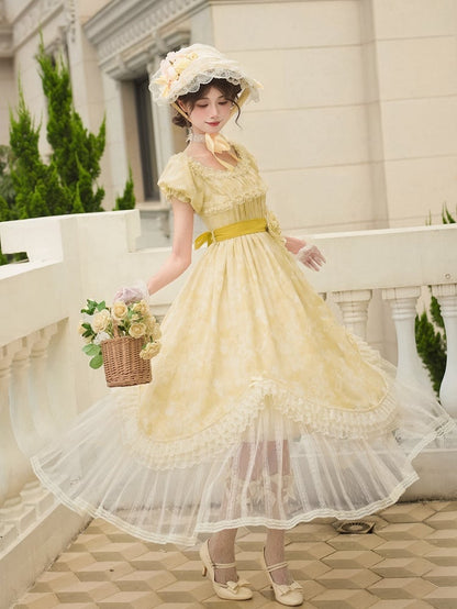 Light Yellow High Waist Mesh Panels Scalloped Edge Hem Dress Lolita OP Full Set - With PUJI