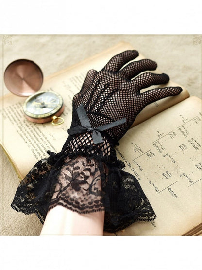Gothic 2-Color Lace Mesh Gloves with Bow Detail - Mr. Cat