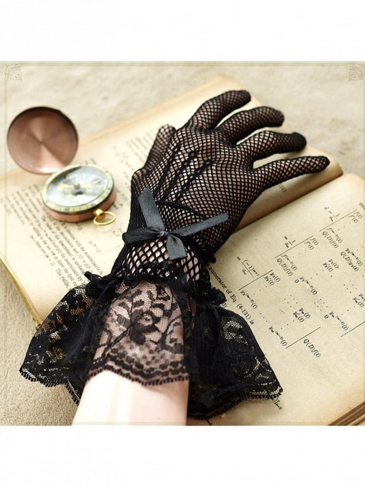 Gothic 2-Color Lace Mesh Gloves with Bow Detail - Mr. Cat