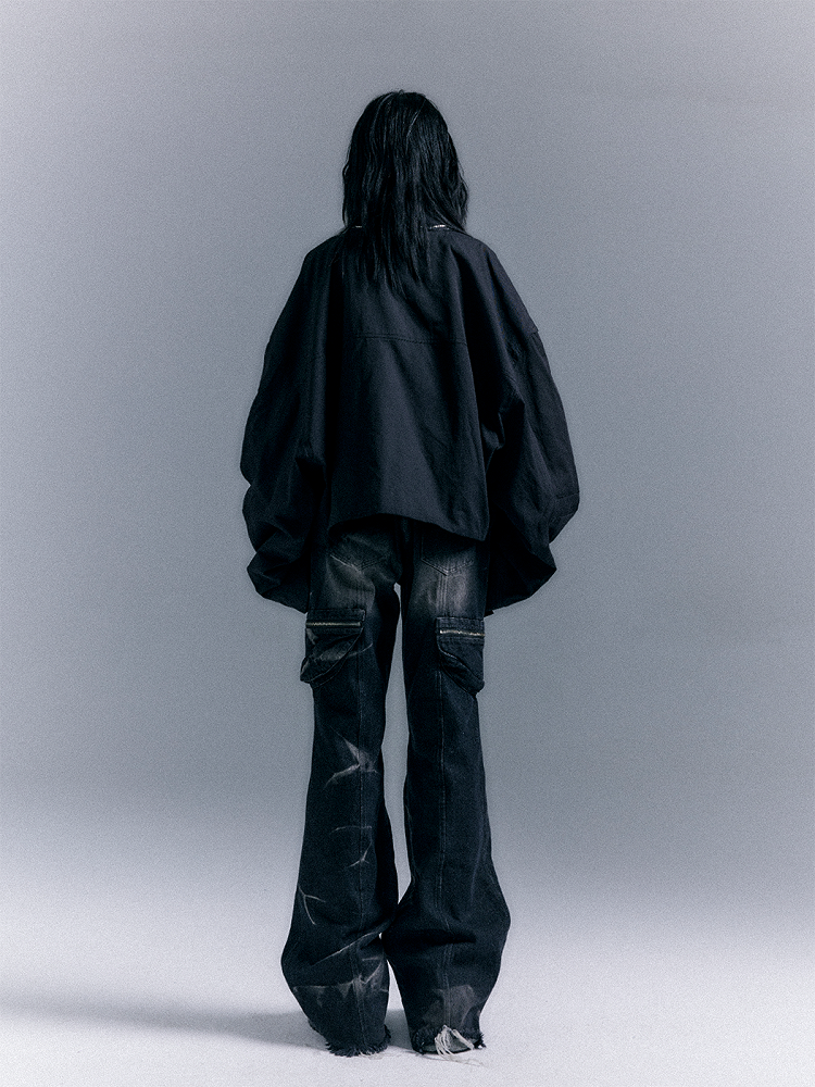 Gewaschene Reißverschluss Flare Schwarz-Grau Nieten Jeans Taschen Punk