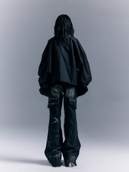 Gewaschene Reißverschluss Flare Schwarz-Grau Nieten Jeans Taschen Punk