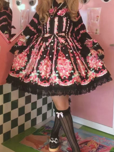 with shaped Pink Strawberry Heart Lace Lolita Dress Black Trim Sweet Print JSK