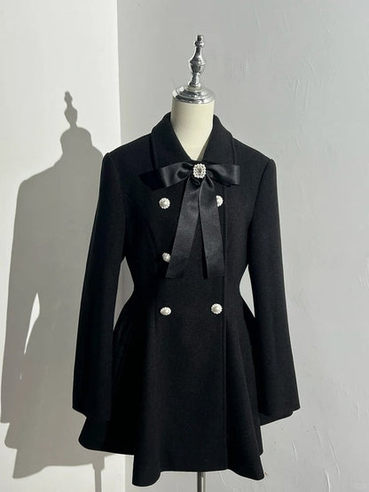 Rhinestone Double Detachable Jirai Kei Big Bow with Black Coat Breasted Fluffy Collar and Cuffs