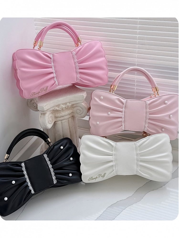 Sweet Lolita Bowknot Bag with Pearls & Lace - Sheep Puff Bag