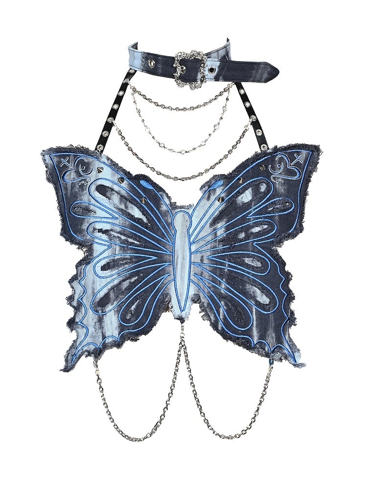 Grunge Punk Rock Fairycore Blau Tie Dye Schmetterling Neckholder Top Nieten