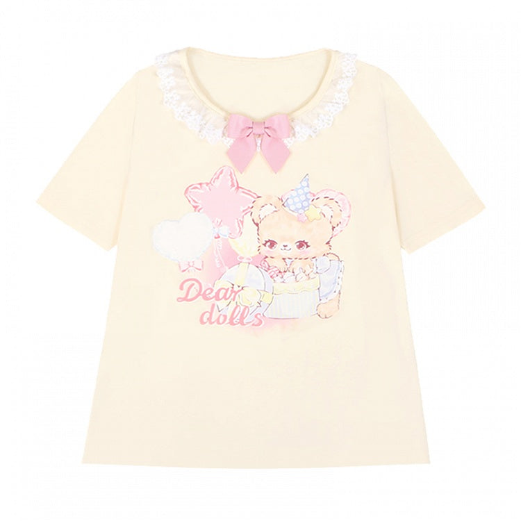 Ruffled Adorable Teddy Bear Print Bowknot Pink/Yellow Neckline Embellished T-Shirt
