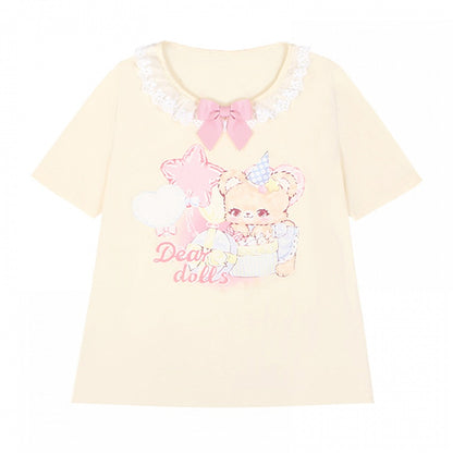 Ruffled Adorable Teddy Bear Print Bowknot Pink/Yellow Neckline Embellished T-Shirt