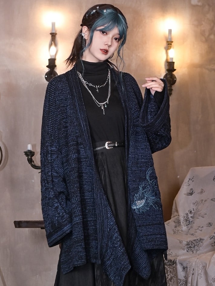 Design Navy Collar Cheongsam Goth Cardigan Self-tie Goldfish Embroidery - Crossover Strap