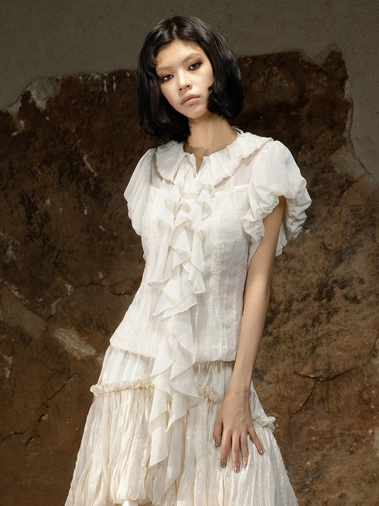 Punk Style Beige Short Sleeve Blouse with Ruffled Trim and Back Lace-Up - ARIADNAw