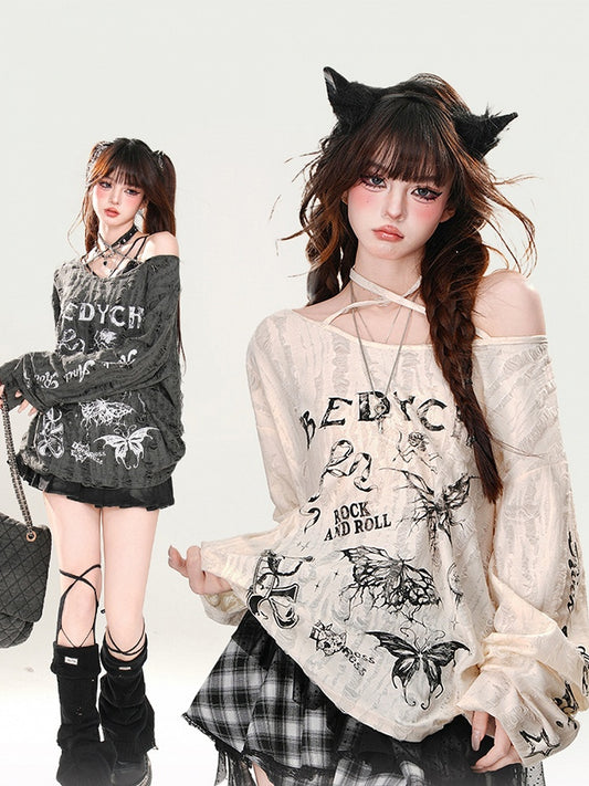 Asymmetrischer Ausschnitt, Schmetterlingsdruck, Distressed-Löcher, Aprikose/Grau, Neckholder-Top