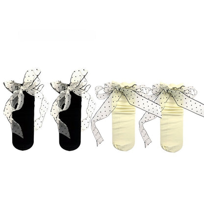 Socks Pattern Polka-dot Calf Straps Creamy White/Black Trim Bowknot with Lace