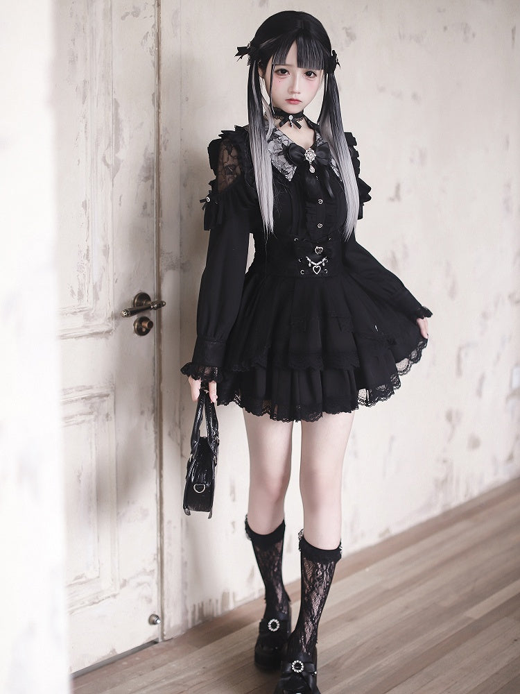 - Shoulders Blouse Kei Jirai Collar Black Lace-Cutout Pointed Gothic Style with