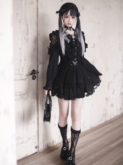 - Shoulders Blouse Kei Jirai Collar Black Lace-Cutout Pointed Gothic Style with