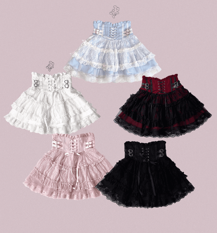 | Tiered Jirai 5 Lace-Up High Skirt Heart Colors Buckles Waist Kei Detail Lace