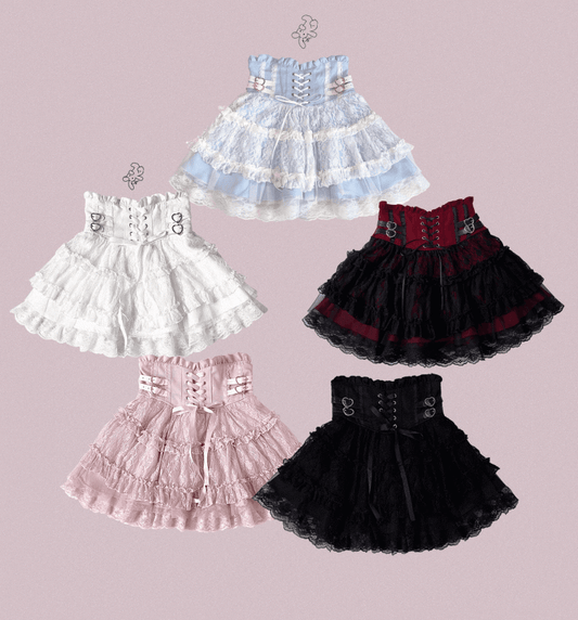 | Tiered Jirai 5 Lace-Up High Skirt Heart Colors Buckles Waist Kei Detail Lace