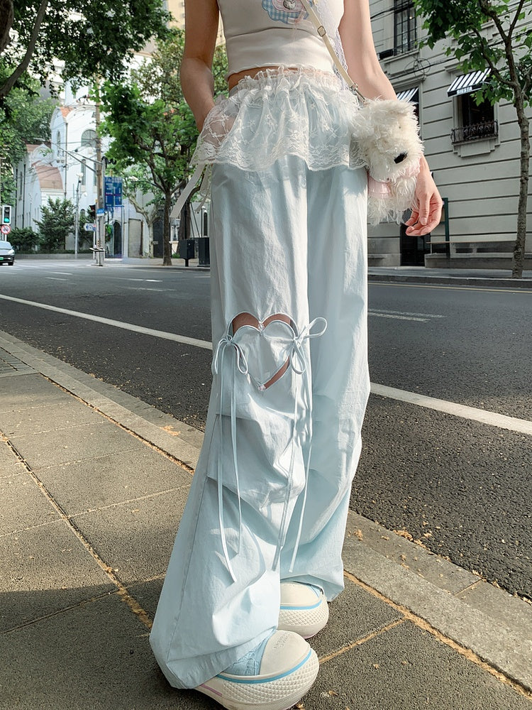 Blue/Pink Heart-shaped Cutout Wide-leg Pants Drawstring Waist