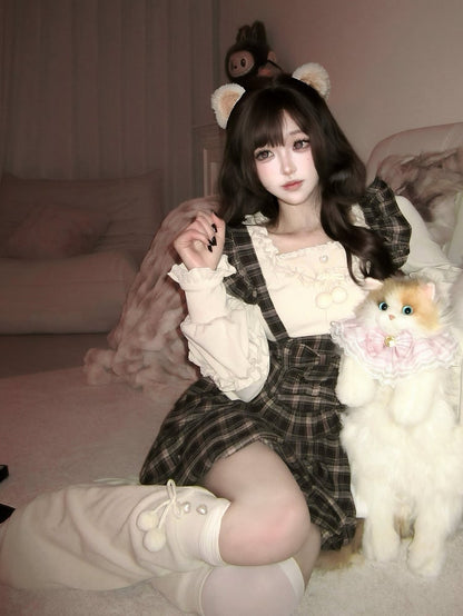 Details with Bow Pompon Kawaii Beaded Leg Accents Beige - Charm Knit Warmers