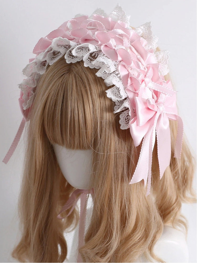 Pink Ribbon Lace Hairband with Accents White Ruffled