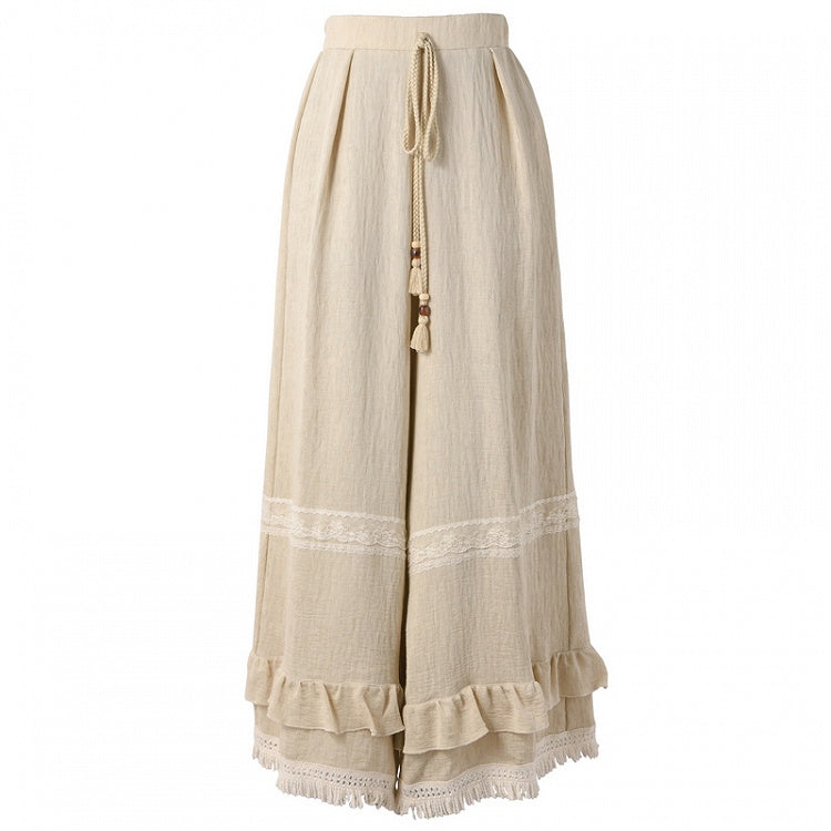 Ruffled Khaki Flax Tassel Cuffs Trim Drawstring Regular/Short Waist Wide-Leg Pants Version
