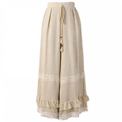 Ruffled Khaki Flax Tassel Cuffs Trim Drawstring Regular/Short Waist Wide-Leg Pants Version