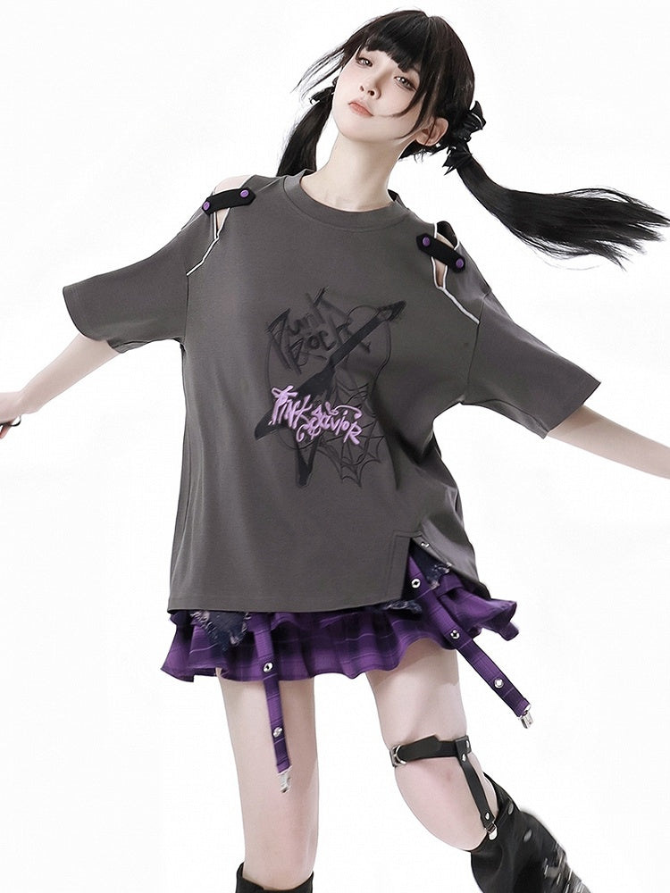 Dusty Gray Cutout Shoulder Slit Hem Punk Rock Graphic T-Shirt