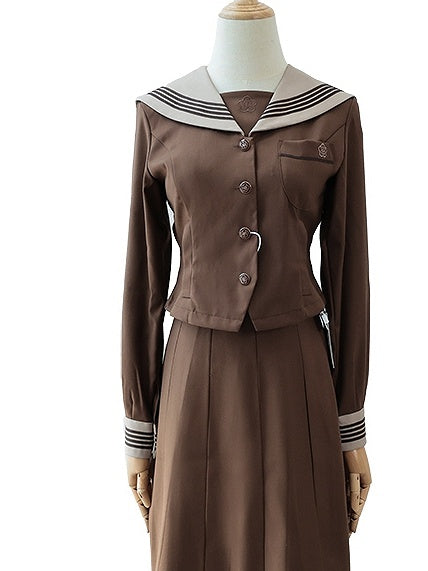 JK Sailor Embroidery Uniform Blouse Collar Floral Brown