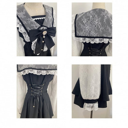 Mini Full Lace Set: Mesh Dress with Long Collar Jirai Black Sailor Sleeves Kei