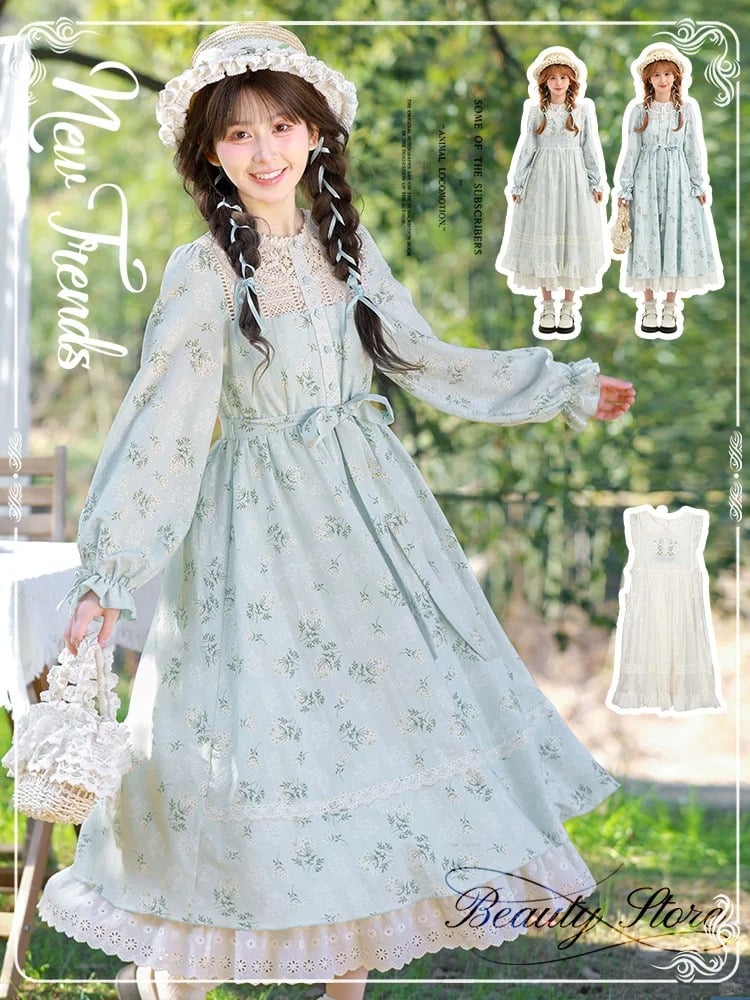 Blue Illusion Neckline Lace Trim Floral Dress with Self-tie Strap at Waist