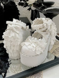 Leather High Gothic Detail PU Heels Block Bow Knotted with White