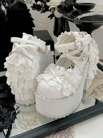 Leather High Gothic Detail PU Heels Block Bow Knotted with White