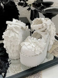 Leather PU Detail White Gothic Block with Bow High Knotted Heels