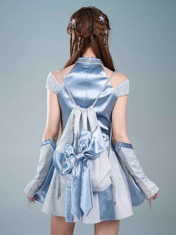 Blue Y2K Satin Bow Drawstring Doulder Shoulder Bag with Rhinestone Decoration - Virtual Orbit