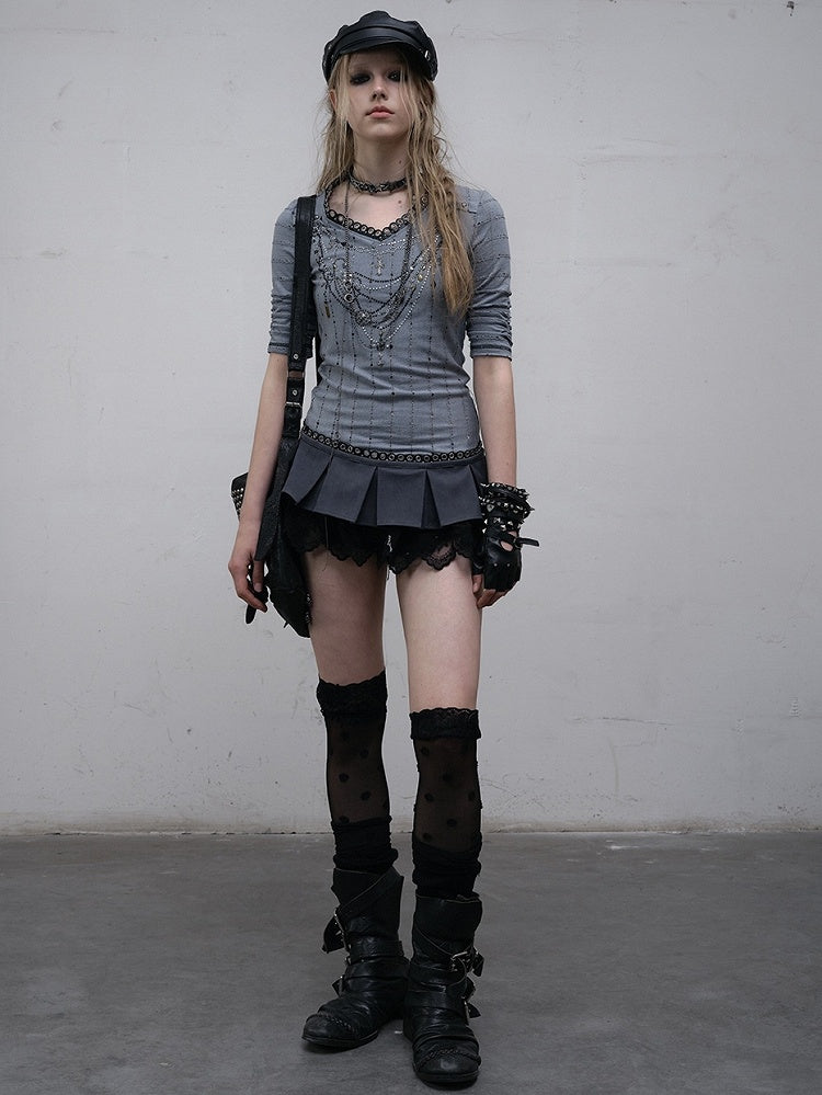 Muster Langer V-Ausschnitt Strass Gestreift Rosa/Blau Ärmel Punk Design Top Halskette Wasteland