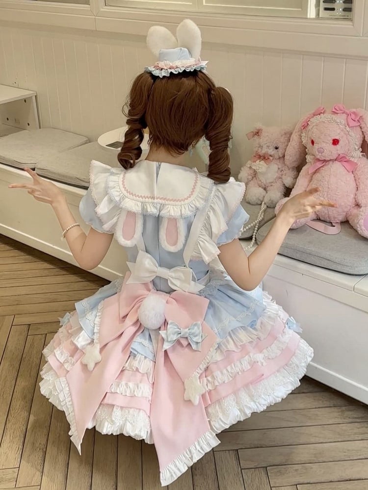 Maid Bunny Pink Theme and Lolita Sleeves Sweet Blue Puff Dress