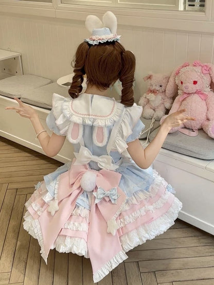 Süßes blaues Puffkleid mit Maid Bunny-Motiv in Pink und Lolita-Ärmeln