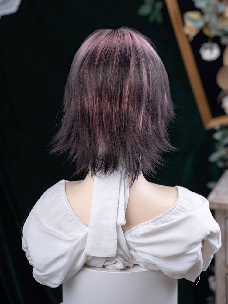 Black & Pink Ombre 35cm Short Wig with Air Bangs - YSHXS