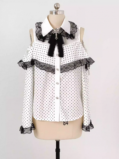 Jirai Sleeves Kei Polka-dot Bell / Blouse | White Pink